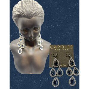 Carolee Blue Crystal Teardrop Shaped Pave Detail Chandelier French Hook Earrings